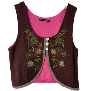 GUDRUN SJODEN 100% Organic Cotton Brown and Pink Embroidered Women's Vest L.